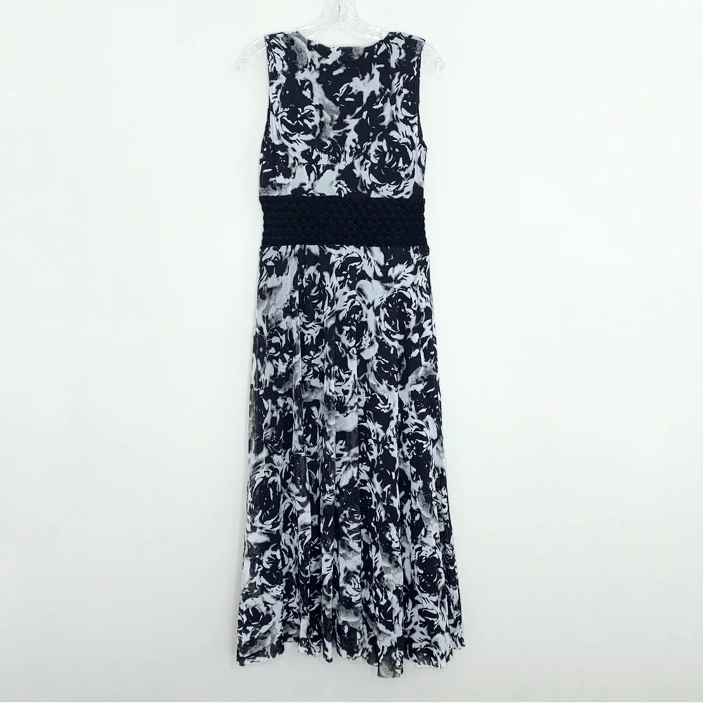 Fuzzi Cut-Out Sheer Waist Maxi Dress (Sz XL) Floral Print Black White Tulle